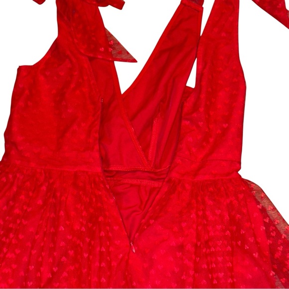Red Heart Lacey V Neck Mini Valentines Dress Romantic Garden Boho Flirty - Picture 11 of 13